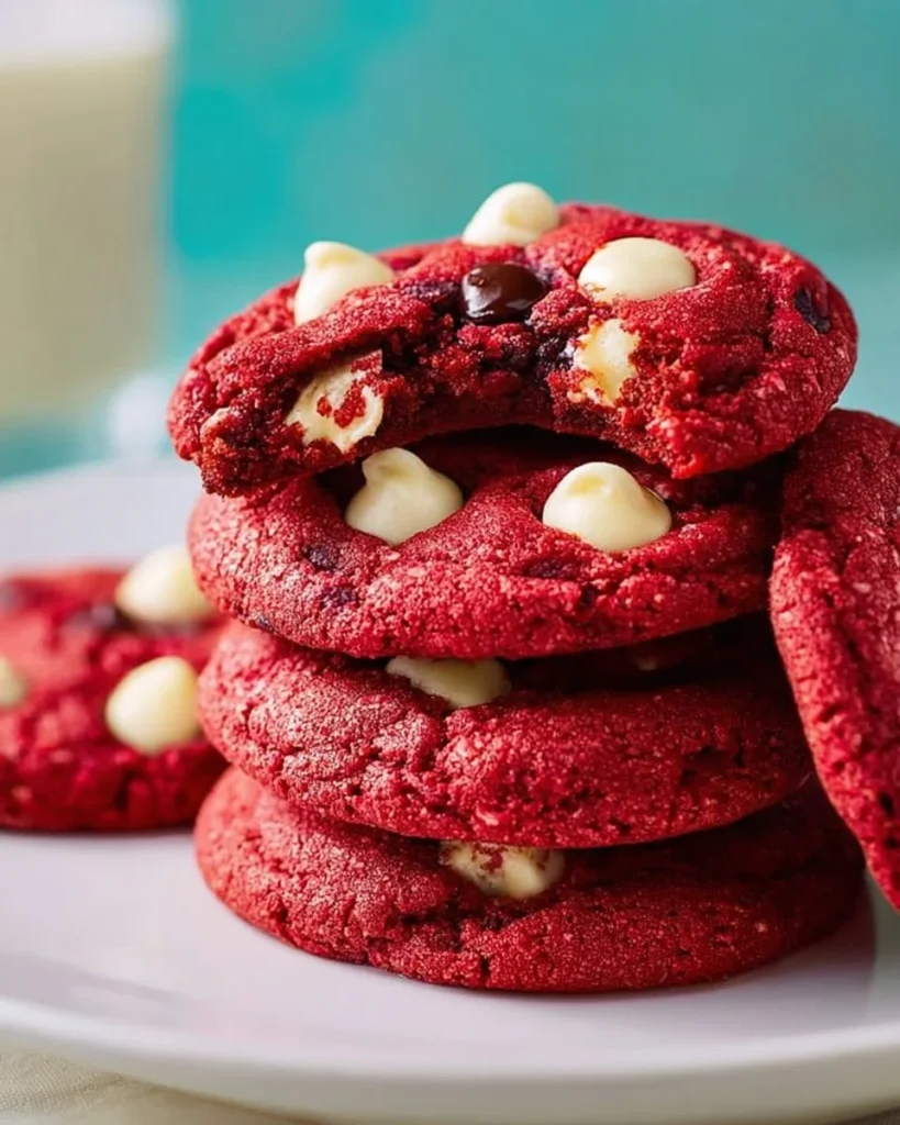 Freshly baked Red Velvet Chocolate Chip Cookies on a cooling rack