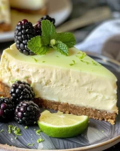 Slice of refreshing lime mousse cheesecake topped with lime zest