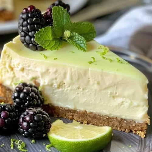 Slice of refreshing lime mousse cheesecake topped with lime zest