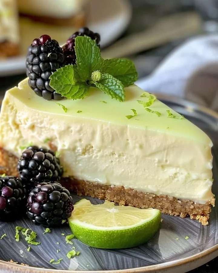 Slice of refreshing lime mousse cheesecake topped with lime zest