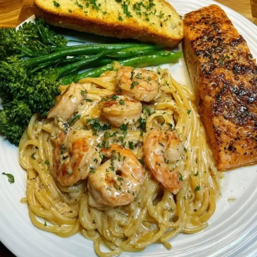 Salmon and shrimp pasta dish with broccolini and garlic toast
