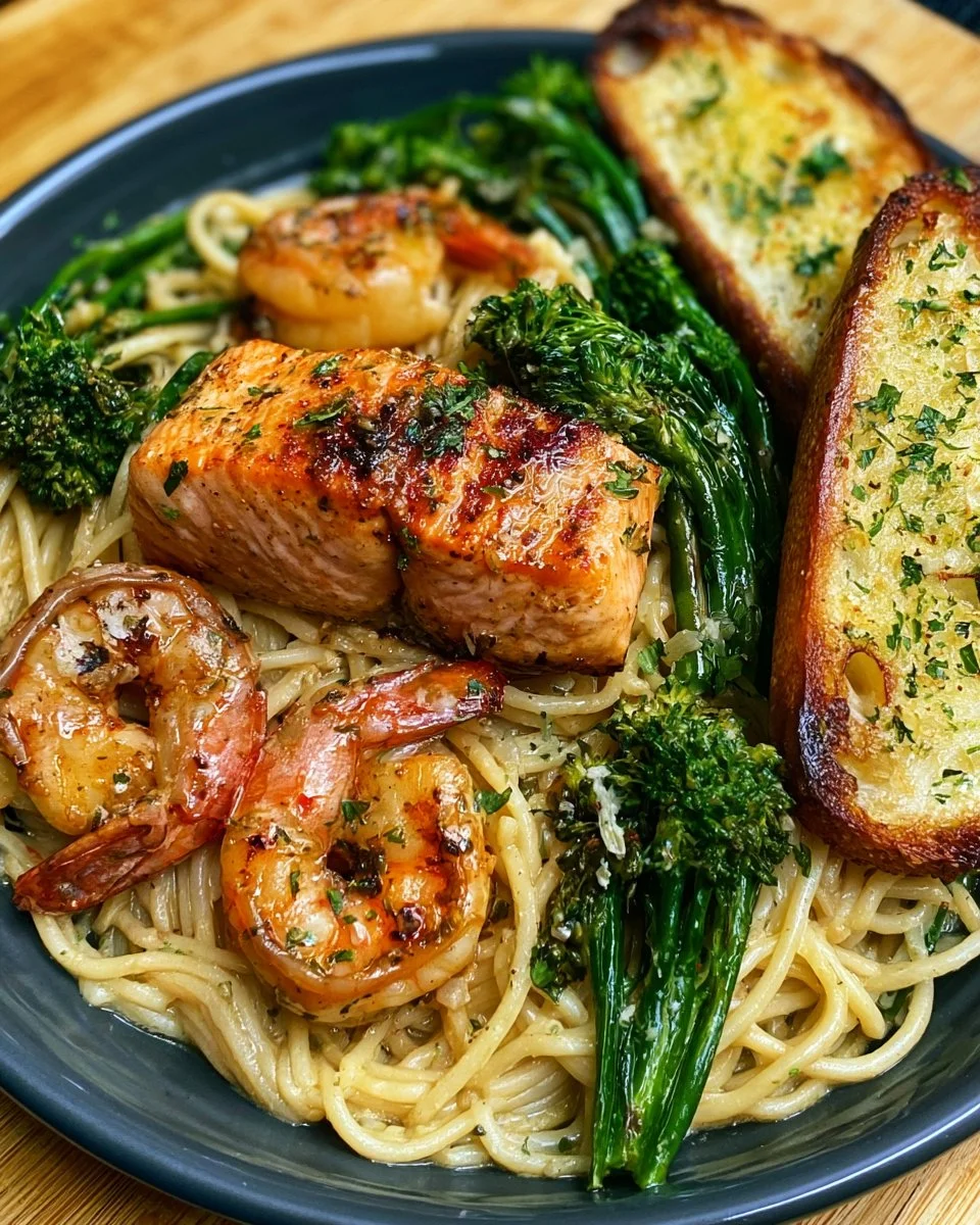 Salmon and Shrimp Pasta with Broccolini and Garlic Toast