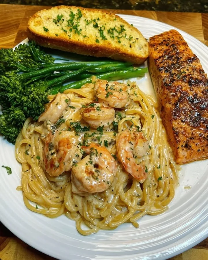 Salmon and Shrimp Pasta with Broccolini and Garlic Toast