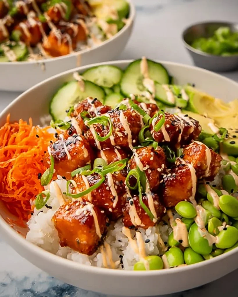 Delicious spicy salmon rice bowl garnished with vegetables and sesame seeds