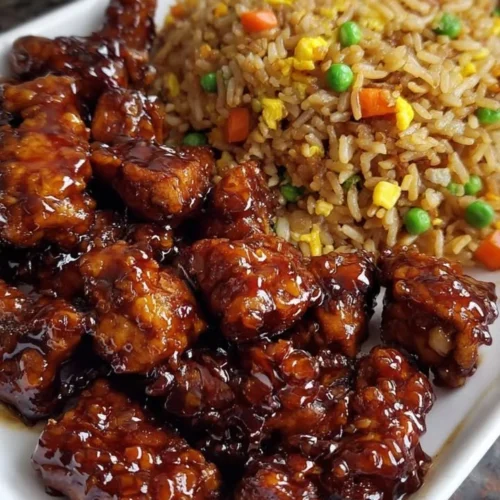 Plate of sticky honey garlic chicken fried rice garnished with green onions