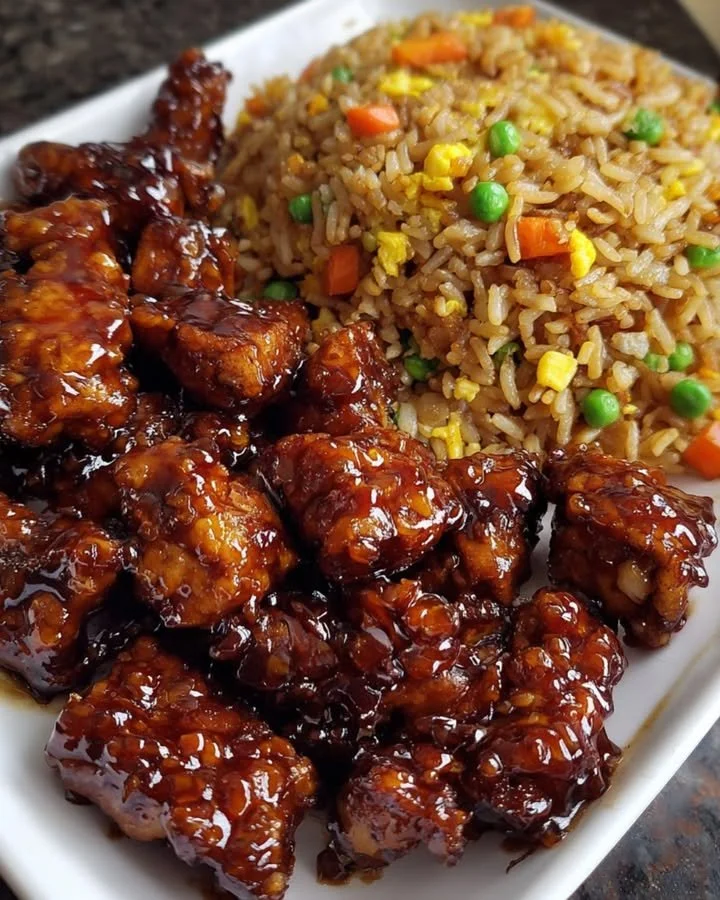 Plate of sticky honey garlic chicken fried rice garnished with green onions