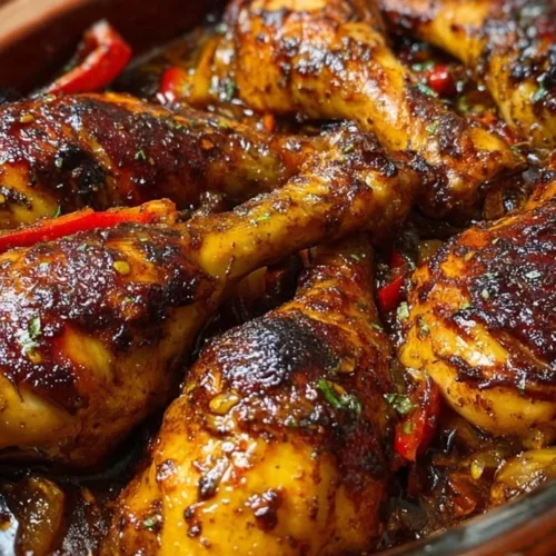 Delicious Sticky Jerk Chicken Bake served with rice and vegetables