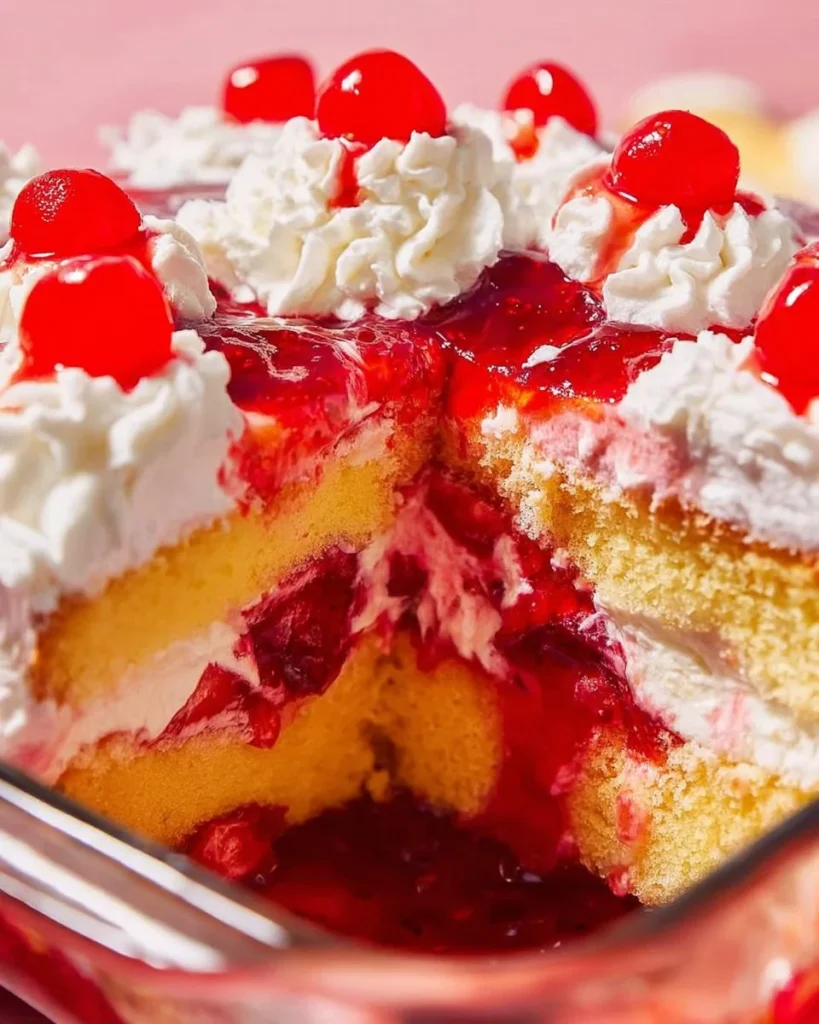 Delicious Strawberry Heaven on Earth Cake topped with fresh strawberries and cream
