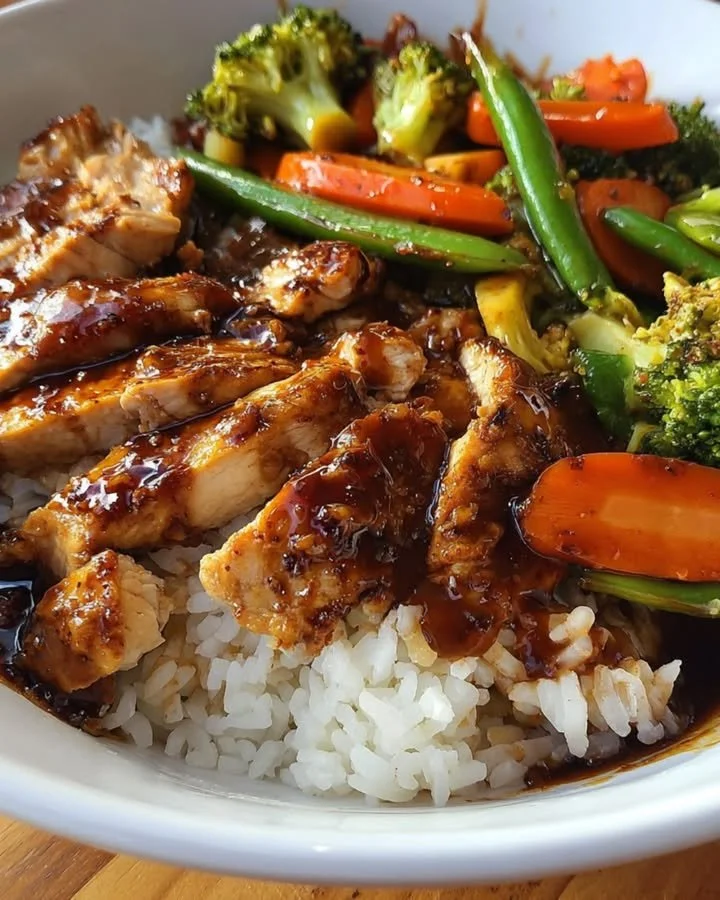 Delicious Teriyaki Chicken Rice Bowl with colorful vegetables and flavorful sauce.