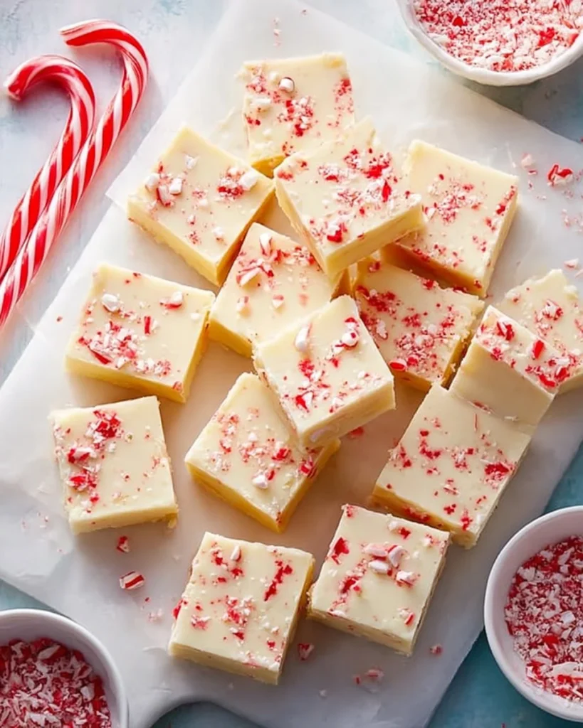 Delicious White Chocolate Peppermint Fudge garnished with festive peppermint pieces